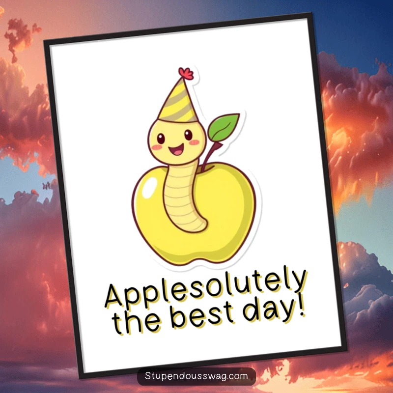 Funny Free Printable Wall Art: A happy worm wearing a party hat joyfully wiggles out of a red apple, creating charming wall decor.