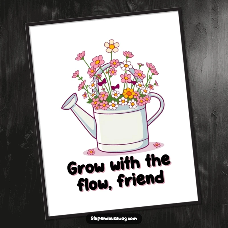 Funny Free Printable Wall Art showcasing a joyful watering can overflowing with a cascade of small, vibrant flowers. A whimsical illustration.