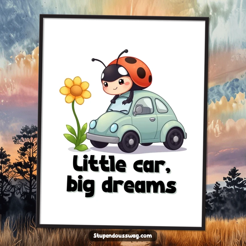Funny Free Printable Wall Art: Ladybug powers tiny car with a flower, whimsical and humorous downloadable art.