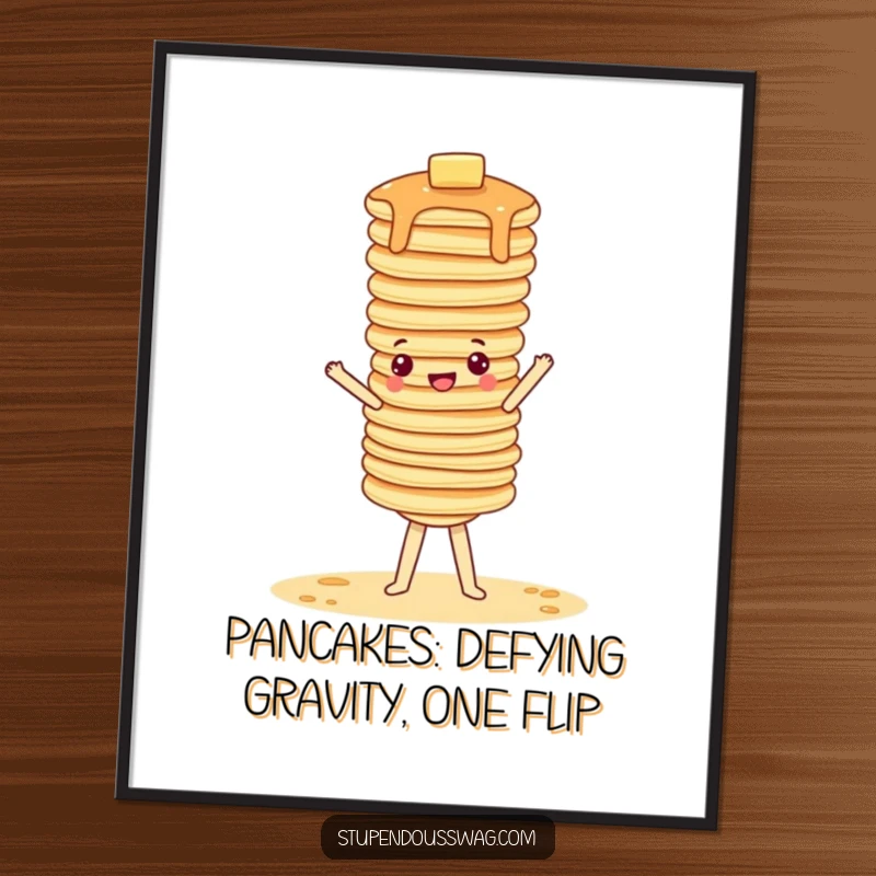 Funny Free Printable Wall Art: A stack of pancakes hilariously balances in a handstand, adding a quirky touch to your decor.