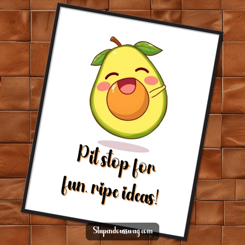 Funny Free Printable Wall Art: a laughing avocado pit doing a somersault after breaking free from its avocado half.