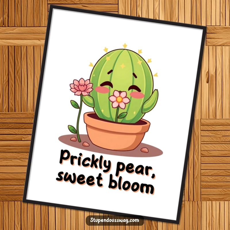 Funny Free Printable Wall Art: A shy cactus nervously offers a single, delicate flower, radiating sweet charm.