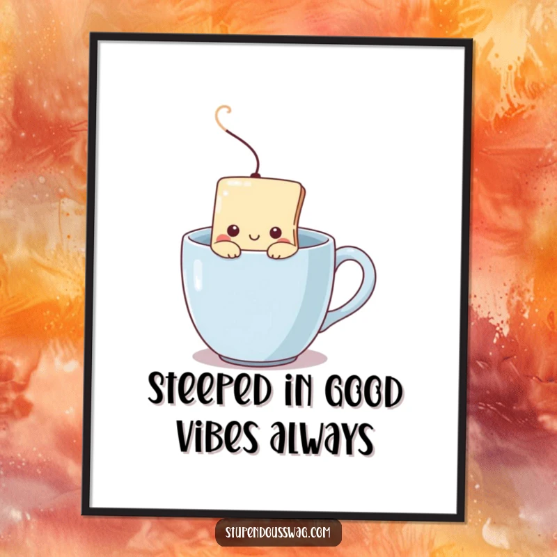Funny Free Printable Wall Art: a shy teabag peeking from a steaming mug, creating a warm and humorous ambiance.