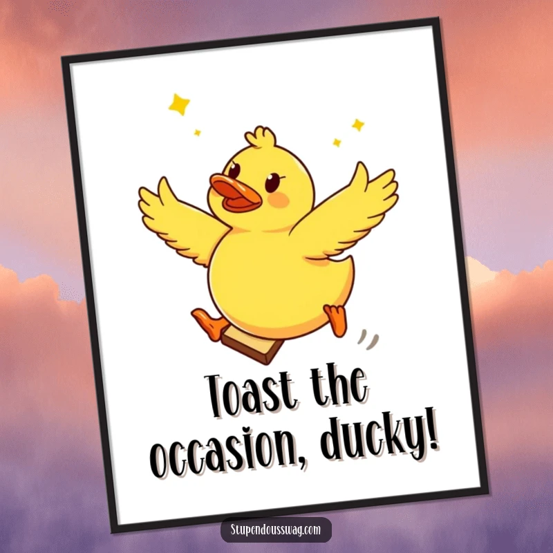Funny Free Printable Wall Art: An adventurous rubber duck leaps with gusto from a slice of flying toast, adding humor to your walls.