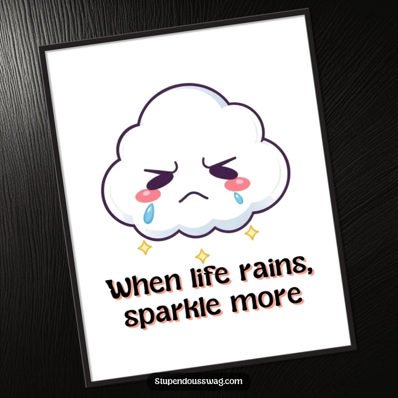 Funny Free Printable Wall Art: A grumpy cloud crying sparkling, vibrant rainbow tears, a colorful paradox.