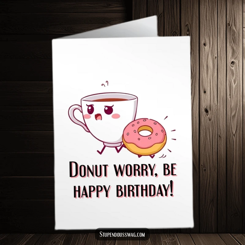 Funny Free Printable Birthday Card depicting a startled teacup fleeing from a determined, rolling donut with sprinkles.