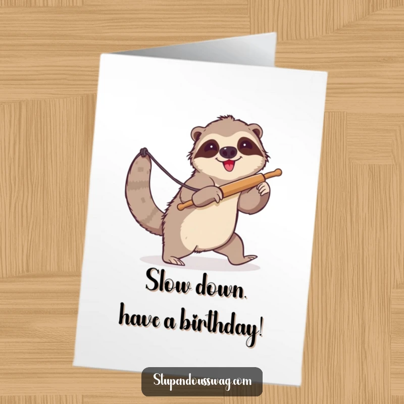 Funny Free Printable Birthday Card: a clumsy sloth trying to lasso a runaway rolling pin, a humorous birthday wish.