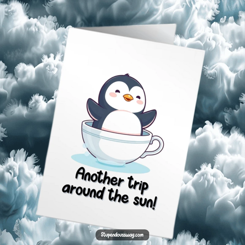 Funny Free Printable Birthday Card: A dizzy penguin joyfully floats in a teacup, sailing like a tiny boat.