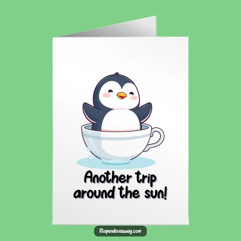 Free Printable Birthday Card: Dizzy Penguin Teacup Boat Funny Downloadable Gift