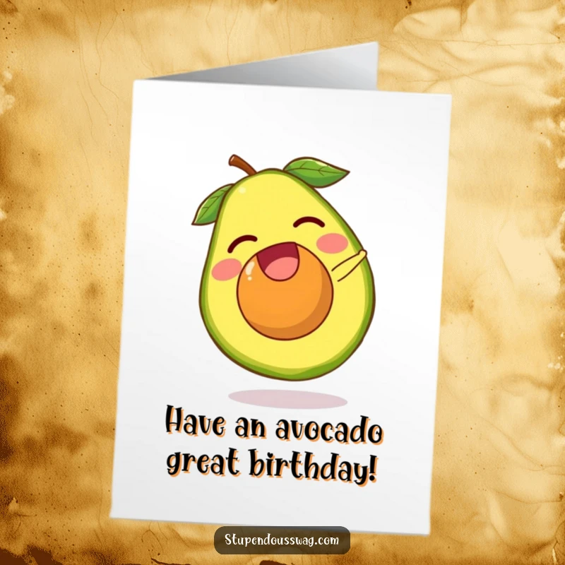 Funny Free Printable Birthday Card: a laughing avocado pit doing a somersault after escaping its fruit, a playful card.