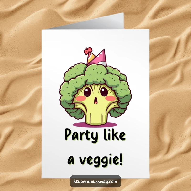 Funny Free Printable Birthday Card: Surprised broccoli head wearing a party hat, hilarious downloadable art.