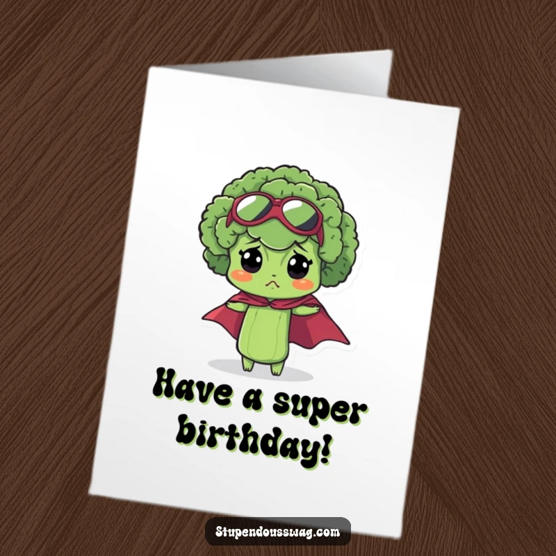 Funny Free Printable Birthday Card: A bewildered broccoli floret in a tiny superhero cape, looking surprised but ready for action.