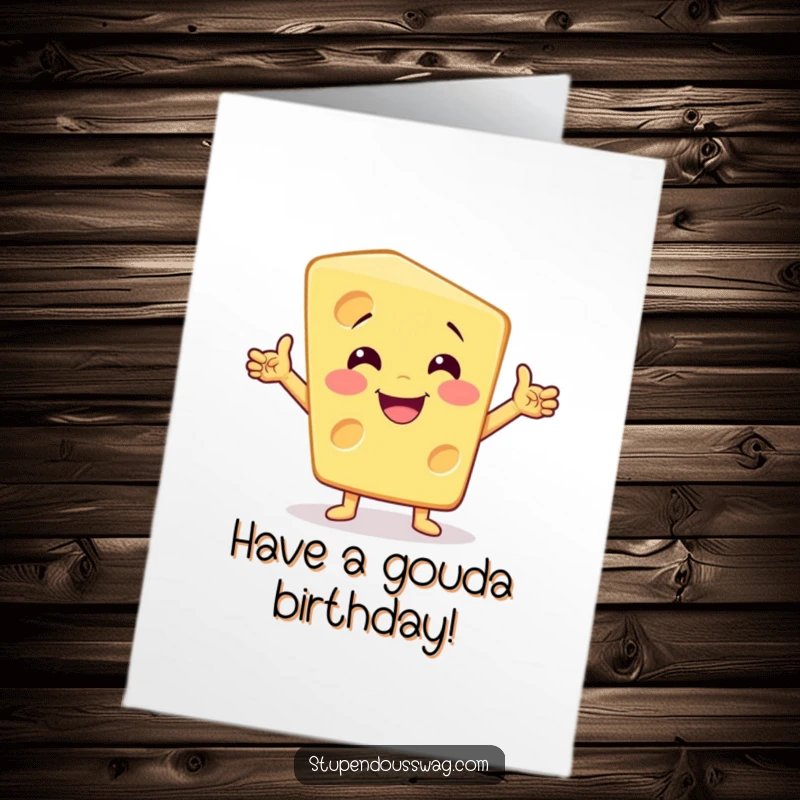 Funny Free Printable Birthday Card: A smiling wedge of cheese striking a flamboyant, dramatic pose, radiating cheesy birthday cheer.