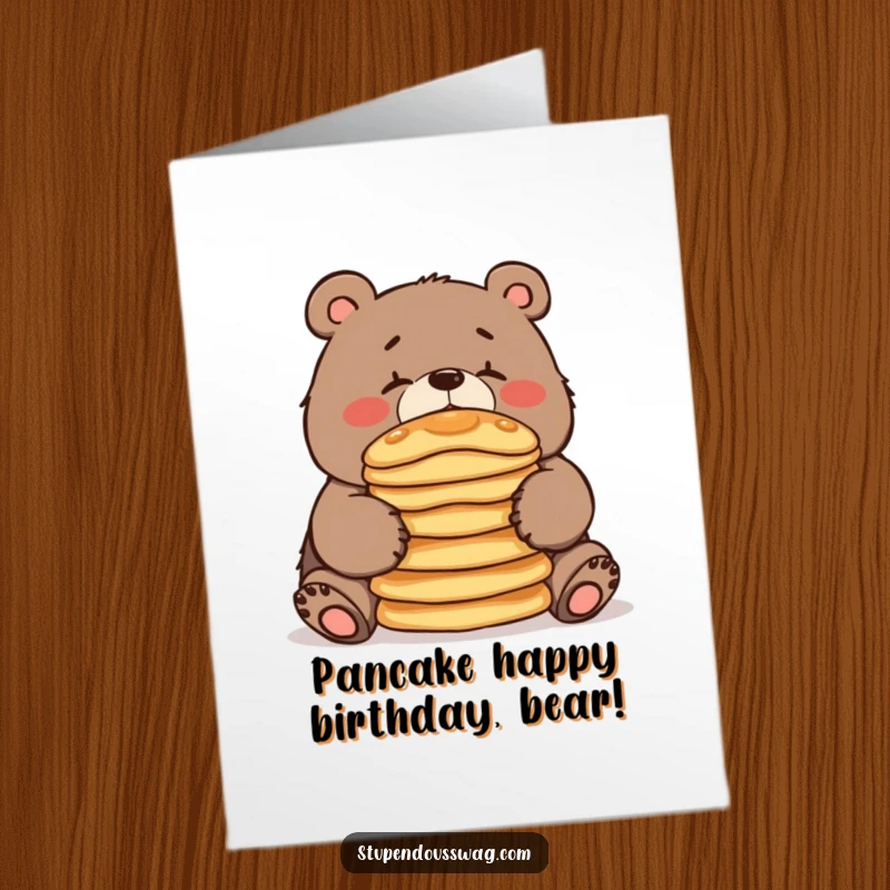 Funny Free Printable Birthday Card featuring a clumsy bear hilariously trying to balance pancakes on its nose.