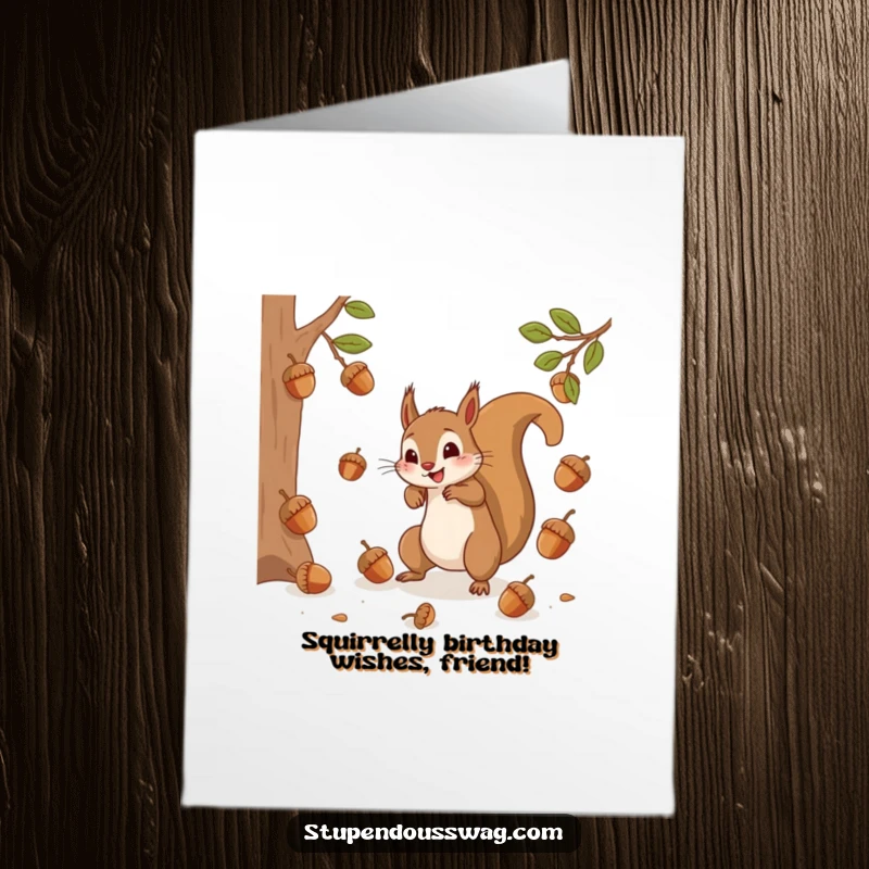 Funny Free Printable Birthday Card showing a frantic squirrel desperately trying to catch bouncing falling acorns.
