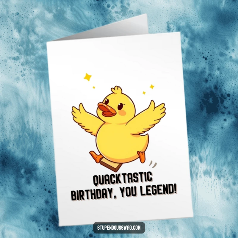 Funny Free Printable Birthday Card: Brave rubber ducky heroically leaping from a slice of flying toast, ready to deliver birthday wishes.
