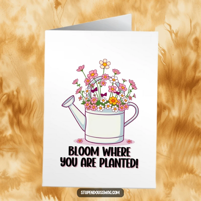 Funny Free Printable Birthday Card featuring a giggling watering can pouring out an abundance of tiny, cheerful flowers. A joyous scene.
