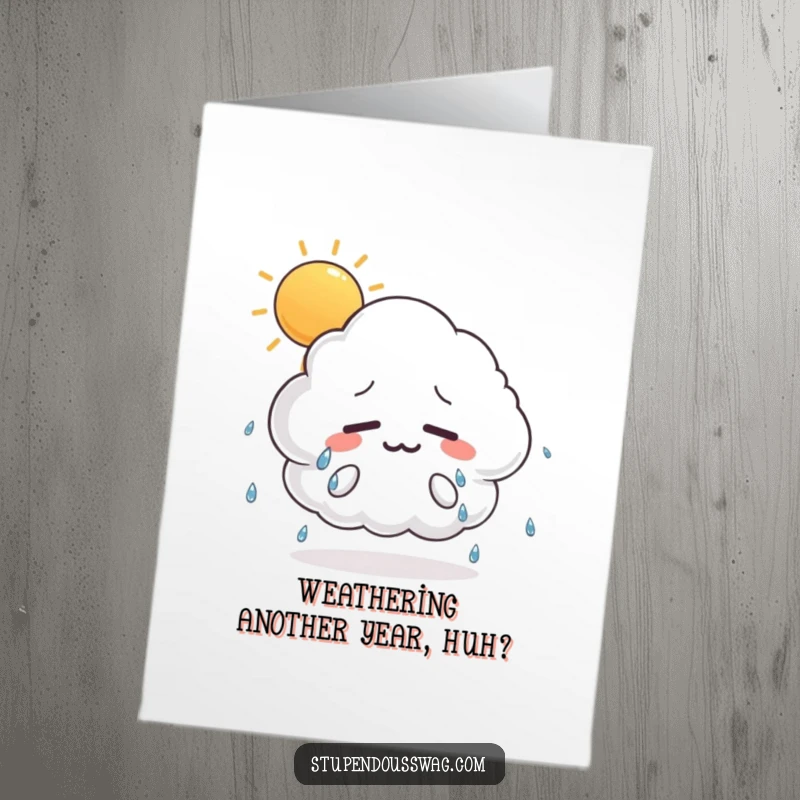 Funny Free Printable Birthday Card featuring a nervous cloud sweating heavily under a bright, sunny sky, anticipating a storm.