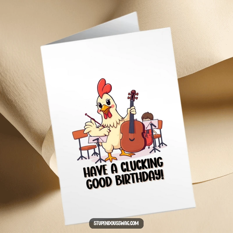 Funny Free Printable Birthday Card: Rubber chicken wildly conducts an orchestra, causing comedic chaos for a birthday surprise.