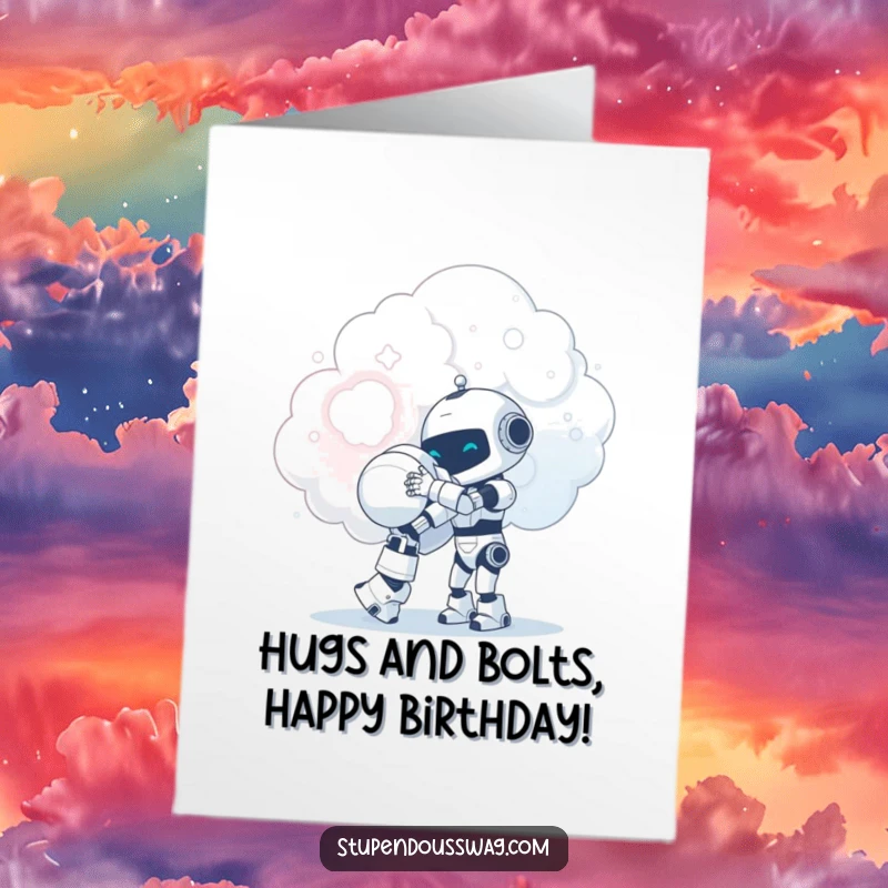 Funny free printable birthday card: a tiny robot attempts a giant hug with a soft, fluffy cloud.