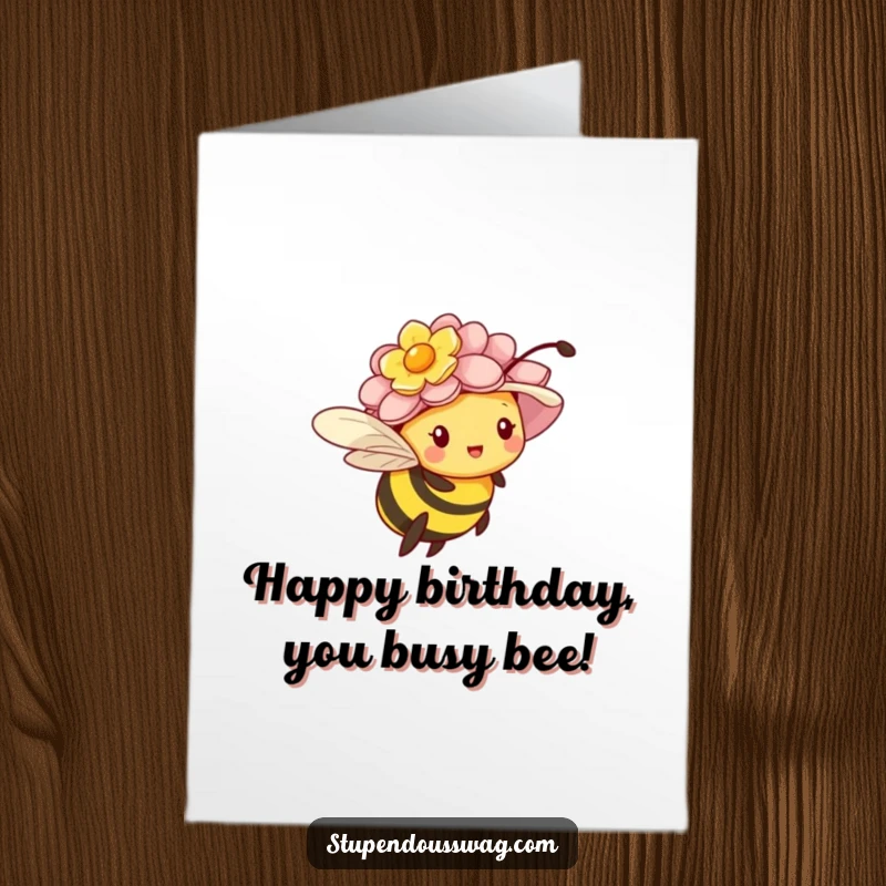 Funny Free Printable Birthday Card: A tiny bee comically struggles to fly with an oversized flower hat, wishing you a happy birthday.