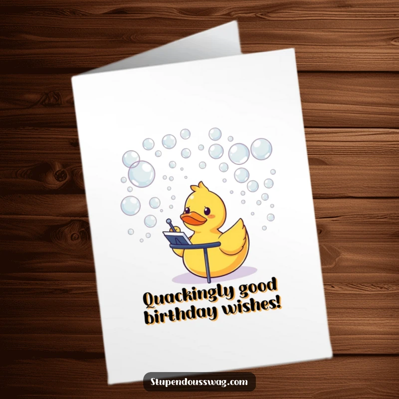 Funny Free Printable Birthday Card: A rubber duck comically conducting a symphony of floating bubbles, whimsical and print at home.
