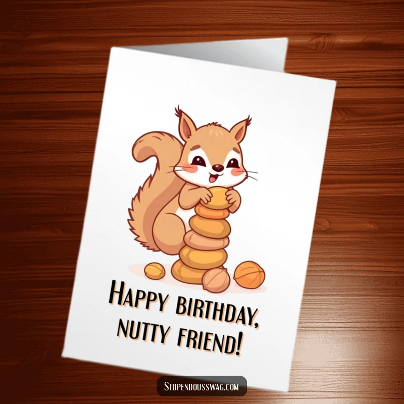 Funny Free Printable clumsy squirrel balancing a stack of nuts, ready for a birthday.