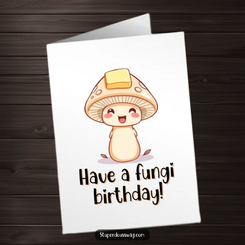 Funny Free Printable Birthday Card: a delighted mushroom wearing a tiny butter pat hat, a whimsical birthday wish.