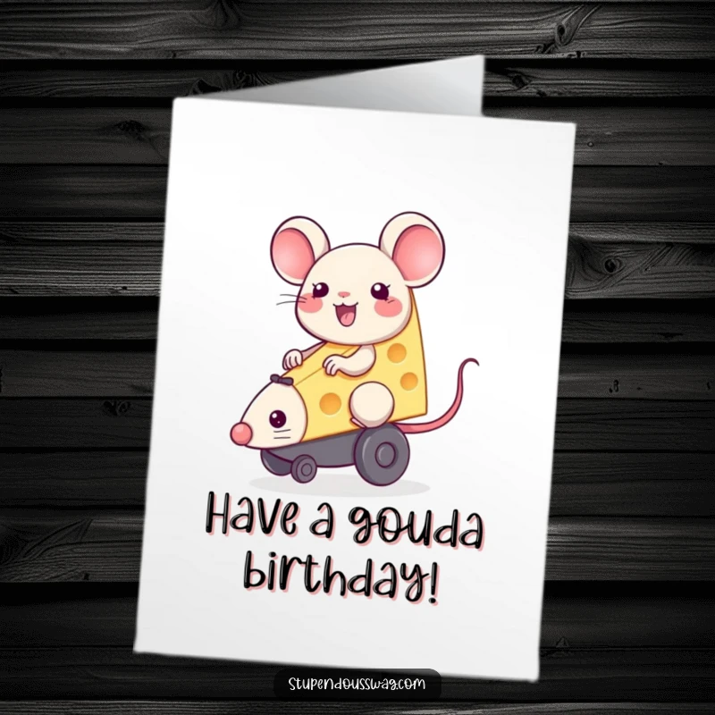 Funny Free Printable Birthday Card: A cheerful block of cheese joyfully riding a squeaky toy mouse, full of playful energy.