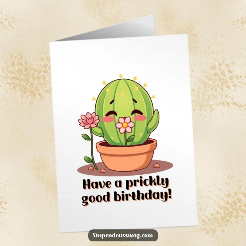 Funny Free Printable Birthday Card: A shy cactus nervously extends a delicate flower, offering a sweet surprise.