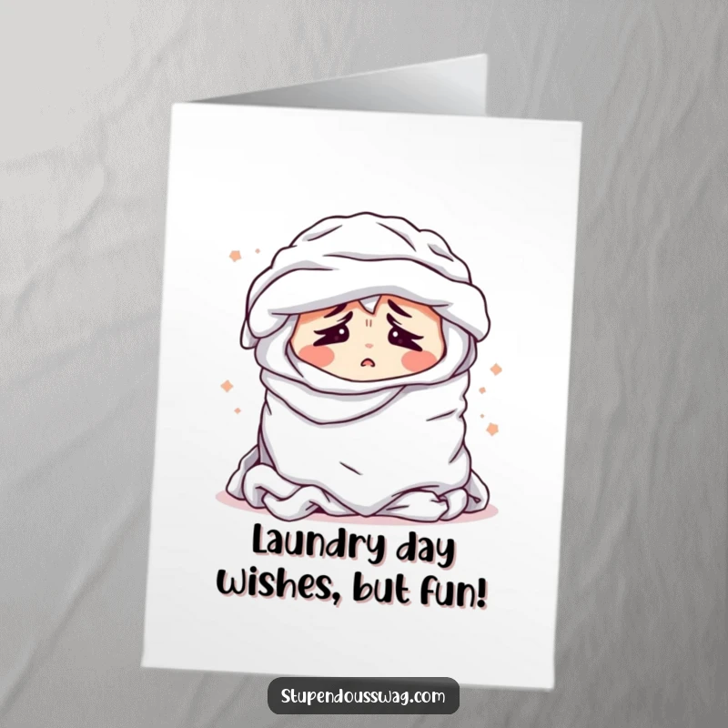 Funny Free Printable Birthday Card: Bewildered laundry pile sighing dramatically, a relatable and humorous greeting for any occasion.