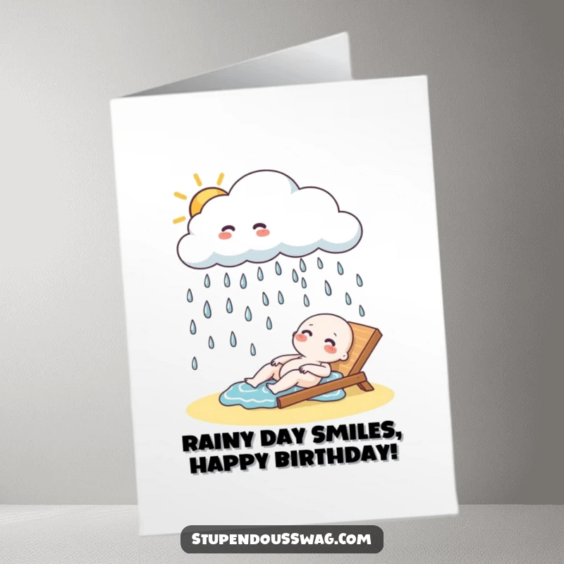 Funny Free Printable Cloud Birthday Card: Playful cloud raining giggling raindrops on a happy sunbather.