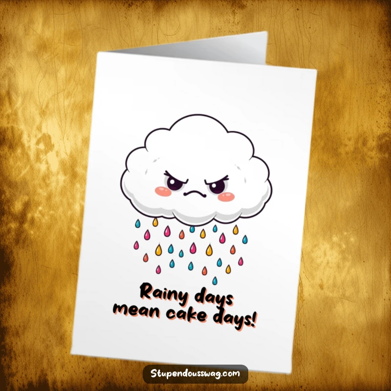 Funny Free Printable Birthday Card: Grumpy cloud raining colorful raindrops with a humorous, slightly annoyed expression, perfect for cards.
