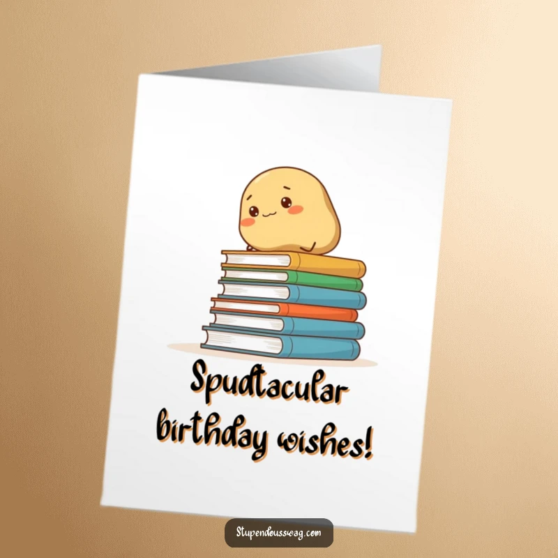 Funny Free Printable Birthday Card: Determined potato heroically scaling towering books, ready for a thrilling birthday message.