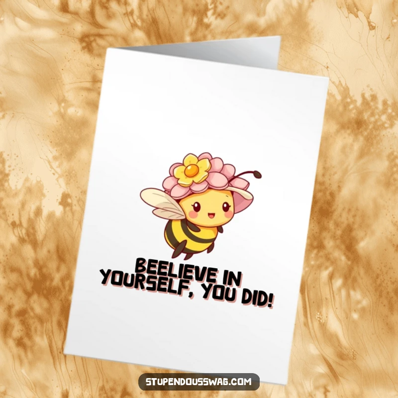 Funny Free Printable Congratulations Card: A tiny bee hilariously wrestles with an oversized flower hat while trying to fly, celebrating your success.
