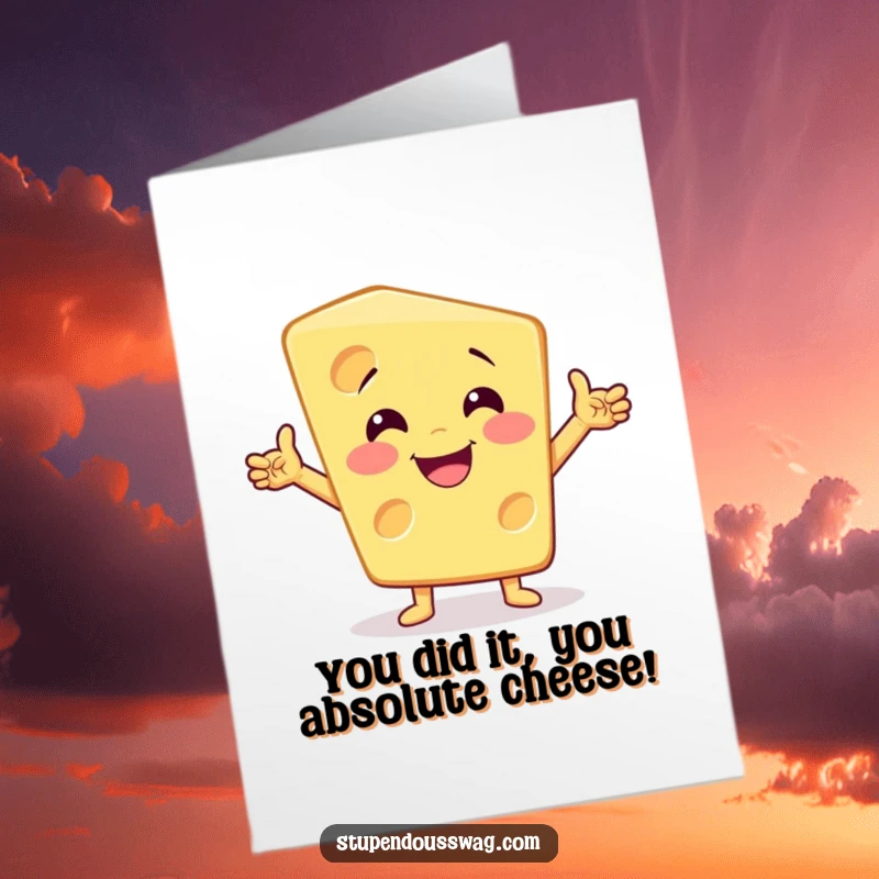Funny Free Printable Congratulations Card: A smiling cheese wedge in a dynamic, over-the-top pose, perfect for celebrating achievements.