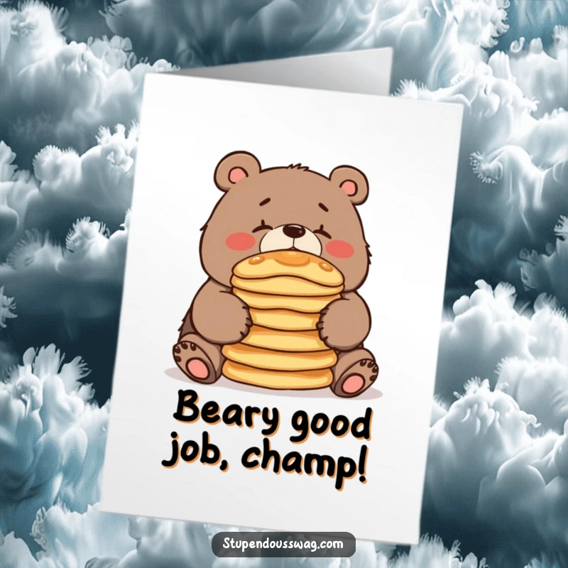 Funny Free Printable Congrats Card showing a clumsy bear attempting to balance a stack of pancakes on its nose.