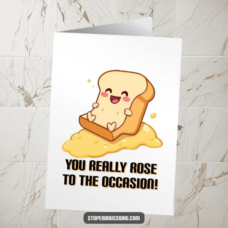 Funny Free Printable Congratulations Card: A joyful bread loaf sliding down a buttered path, celebrating a hilarious win.