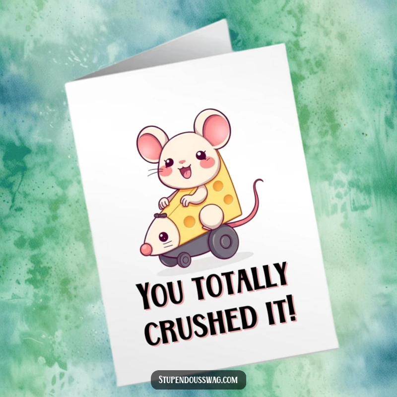 Free Printable Congratulations Card: A happy slice of cheese gleefully riding a squeaky toy mouse, representing pure joy and success.