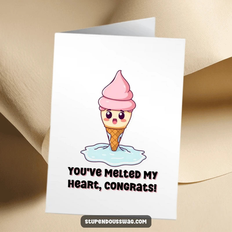 Funny Free Printable Congratulations Card: A surprised ice cream cone melts dramatically into a puddle, celebrating your fantastic achievement.