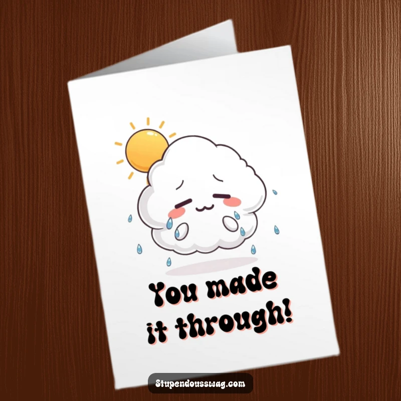 Funny Free Printable Congratulations Card showing a sweaty, anxious cloud under a beaming sun, implying overwhelming happy news.
