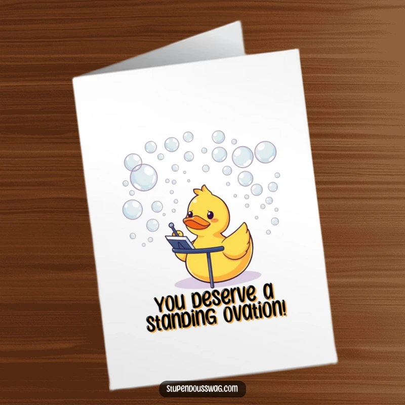 Free Printable Congratulations Card: Rubber duck energetically conducting a grand orchestra of iridescent bubbles, quirky and celebratory.