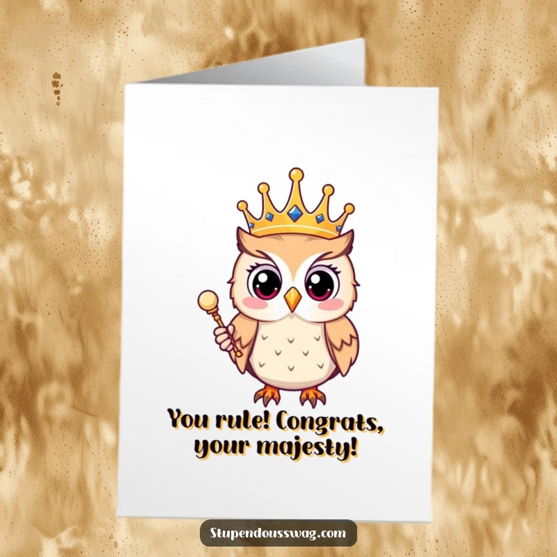 Funny Free Printable Congratulations Card: A surprised owl wears a crown and holds a scepter, celebrating a royal victory.