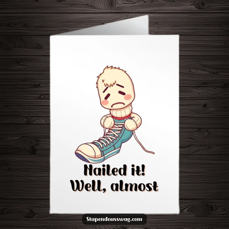 Funny Free Printable Congratulations Card: An utterly perplexed sock puppet struggles comically with tying its shoelaces, offering a funny congratulatory note.