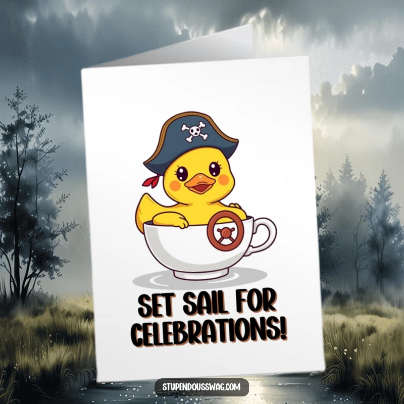 Funny Free Printable Congrats Card: Rubber duck in a pirate hat steering a teacup, celebrating a successful voyage.