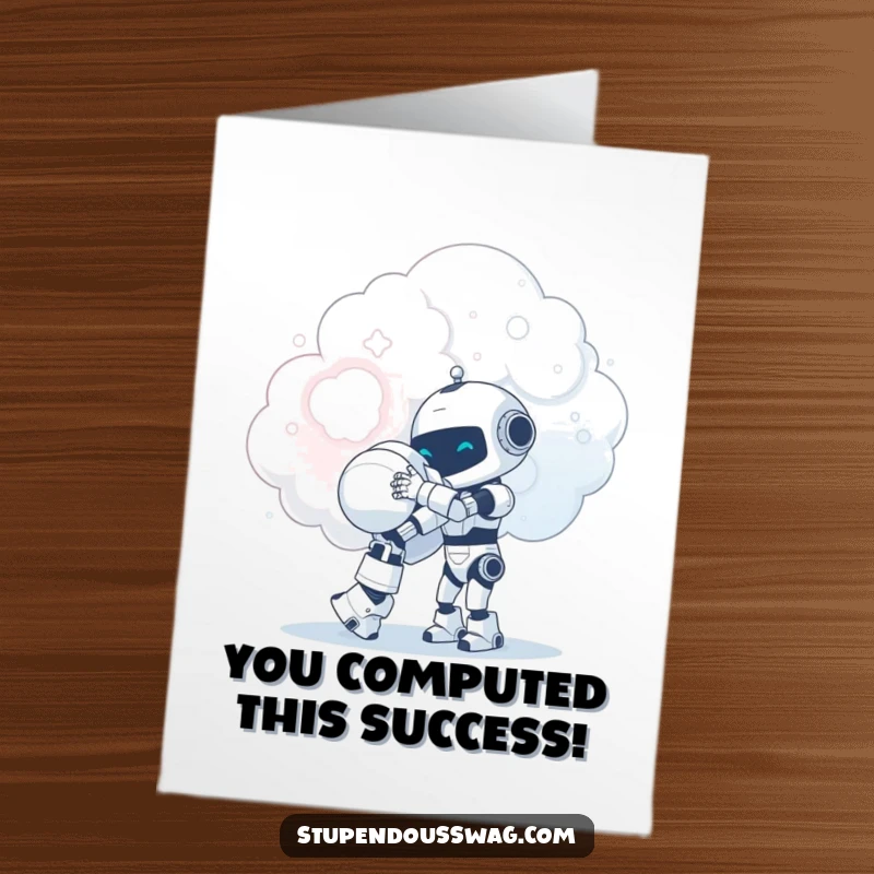 Funny free printable congratulations card: a small robot reaches out for a giant hug with a fluffy cloud.
