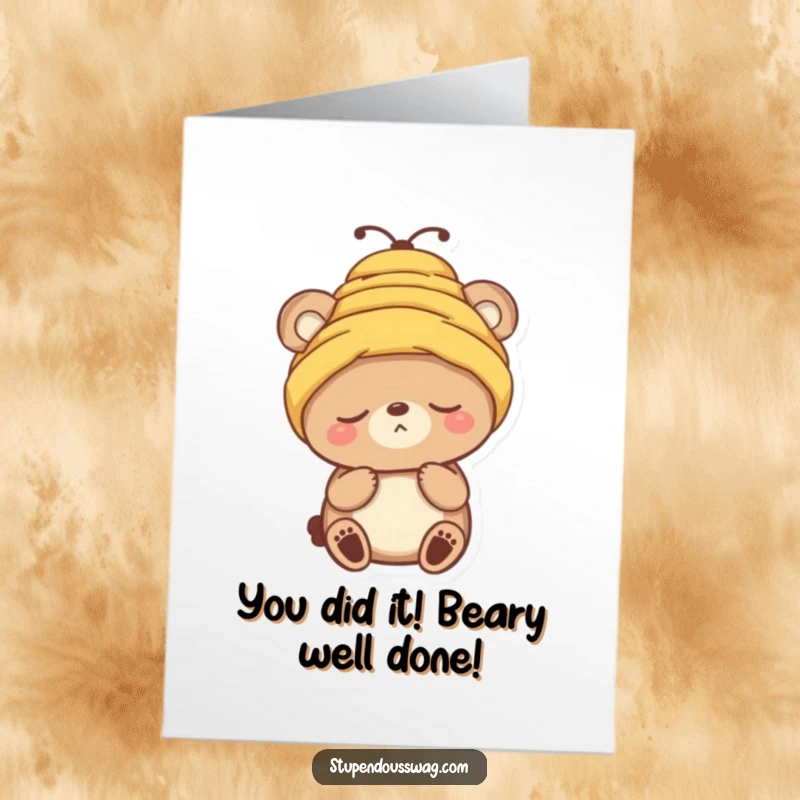 Funny free printable congratulations card: Sleepy bear awkwardly dons a beehive hat, signifying a bizarre accomplishment.