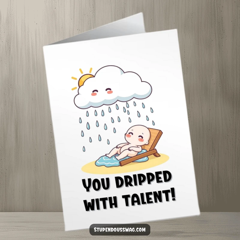 Funny Free Printable Cloud Congratulations Card: A cloud showering giggling raindrops onto a celebrating sunbather.