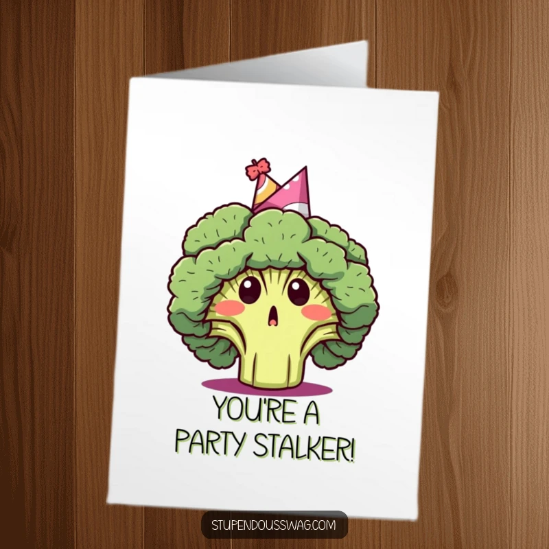 Funny Free Printable Congrats Card: Broccoli wearing a party hat looking surprised, humorous congratulations downloadable art.