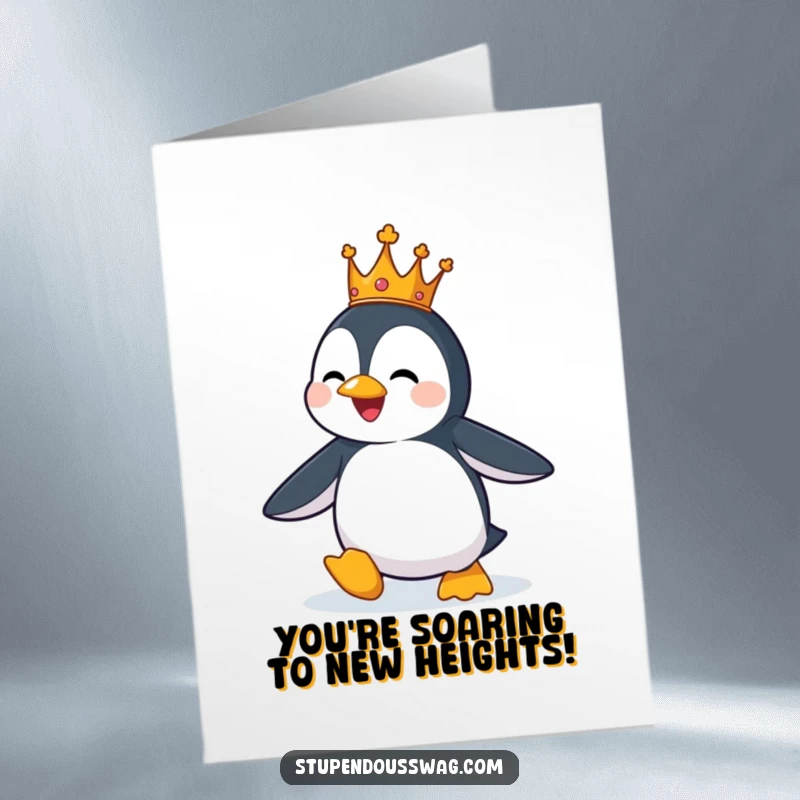 Humorous Free Printable Congrats Card: A penguin with a tiny crown comically attempts to achieve flight, celebrating a win.